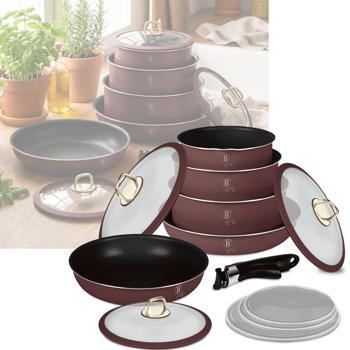 Set di cottura in alluminio di alta qualità, 12 pezzi, Bordeaux, rivestimento in titanio - manico rimovibile, coperchi intelligenti e coperchio in vetro, design elegante