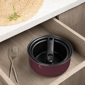 Preview: High-quality aluminum cooking set, 12-piece, Bordeaux, titanium coating - removable handle, smart lids & glass lid, elegant design