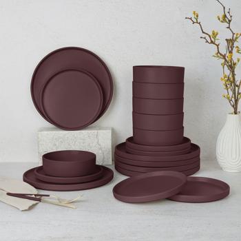 Preview: 18-tlg. Steingut Geschirrset, Matt-Bordeaux, 6 Personen: Speise-, Dessertteller, Schalen, edles Design für stilvolle Mahlzeiten, modern und elegant