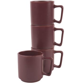 Preview: Hochwertiges Steingut Tassen Set (4 Stück, 300ml): Design Tassen in Bordeaux, spülmaschinen- & mikrowellenfest – Stilvolle Kaffeebecher für den Alltag