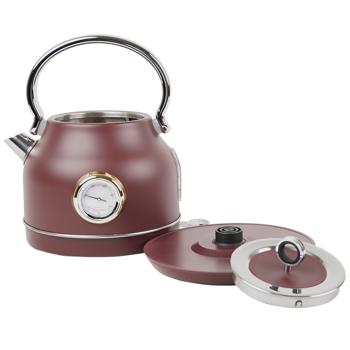 Preview: Design Retro Wasserkocher aus Edelstahl inkl. Thermometer, 1,7 l, 2200 W, bordeaux, Filter herausnehmbar, Anzeige für Wasserstand
