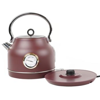 Preview: Design Retro Wasserkocher aus Edelstahl inkl. Thermometer, 1,7 l, 2200 W, bordeaux, Filter herausnehmbar, Anzeige für Wasserstand