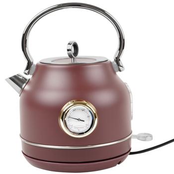 Preview: Design Retro Wasserkocher aus Edelstahl inkl. Thermometer, 1,7 l, 2200 W, bordeaux, Filter herausnehmbar, Anzeige für Wasserstand