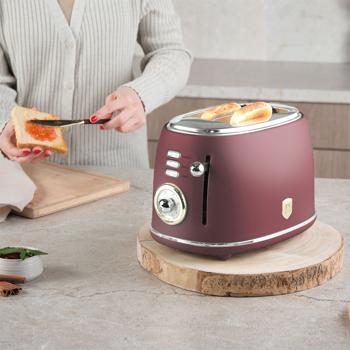 Preview: Edler Aluminium Design Toaster, bordeaux matt, starke 850W – 6 Röststufen, nostalgischer Look, hochwertiger Frühstücks-Toaster