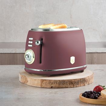 Preview: Edler Aluminium Design Toaster, bordeaux matt, starke 850W – 6 Röststufen, nostalgischer Look, hochwertiger Frühstücks-Toaster