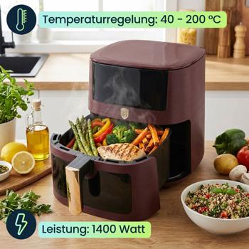 Preview: Moderne Heissluftfritteuse 8L mit Sichtfenster – Air Fryer mit 8 Programmen, Timer & Touch-Display – Stilvolles Bordeaux-Design