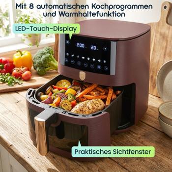 Preview: Moderne Heissluftfritteuse 8L mit Sichtfenster – Air Fryer mit 8 Programmen, Timer & Touch-Display – Stilvolles Bordeaux-Design