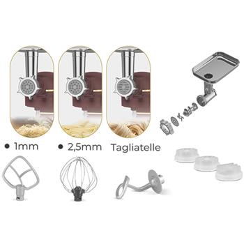 Preview: Vintage Küchenmaschine, robustes Getriebe, 5,5 l Edelstahlschüssel inkl. Fleischwolf, Wurstfüller, Smoothie & Pasta-Aufsätze, 1500W, bordeaux