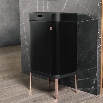 Preview: High-quality metal design waste garbage can, with 60 liter capacity and touch sensor, elegant matt black and rose gold look, modern waste disposal