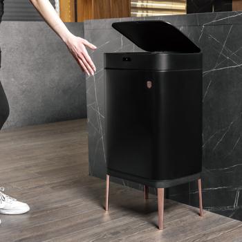 Preview: High-quality metal design waste garbage can, with 60 liter capacity and touch sensor, elegant matt black and rose gold look, modern waste disposal