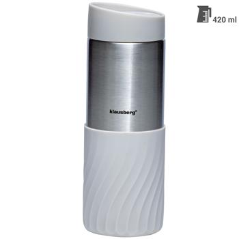 Preview: set of 2 double-walled thermo mugs, 420 ml, light gray, keeps drinks hot or cold for hours, leak-proof, robust & ideal for on the go