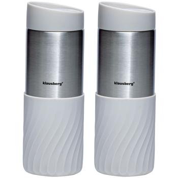 Preview: set of 2 double-walled thermo mugs, 420 ml, light gray, keeps drinks hot or cold for hours, leak-proof, robust & ideal for on the go