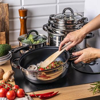 Preview: Elegante set di 6 pentole in acciaio inox - con coperchio in vetro e manici scuri - durevole, resistente al calore e per tutti i tipi di piano cottura, inclusa l‘induzione