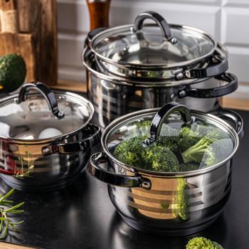 Preview: High-quality 4-piece stainless steel saucepan set with glass lids, Ø16/18/20/24 cm - durable, robust & ideal for all types of stoves, incl. induction