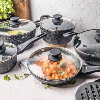 Preview: High-quality aluminum cooking set, for professional & amateur chefs - 2 pots, 3 pans with glass lid, trivet, soft-touch - all stove types, black white
