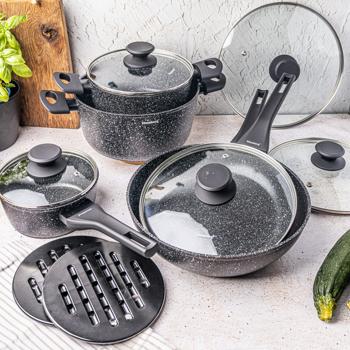 Preview: High-quality aluminum cooking set, for professional & amateur chefs - 2 pots, 3 pans with glass lid, trivet, soft-touch - all stove types, black white