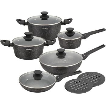 Preview: High-quality aluminum cooking set, for professional & amateur chefs - 2 pots, 3 pans with glass lid, trivet, soft-touch - all stove types, black white