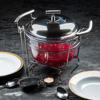 Preview: Hochwertiger Edelstahl und Glas Suppenwärmer, 4 Liter Behälter, transparent mit Deckel und Schöpf-Kelle: Ofenfest, inkl. Ständer, ideal für warme Buffets