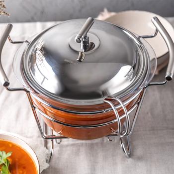 Preview: Hochwertiger Edelstahl und Glas Suppenwärmer, 4 Liter Behälter, transparent mit Deckel und Schöpf-Kelle: Ofenfest, inkl. Ständer, ideal für warme Buffets