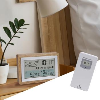 Preview: Station Météo Sans Fil Élégante Design Bois - Cadre Chêne Massif - Capteur Extérieur, Tendances Météo, Heure, Réveil, Date - Intérieur/Extérieur