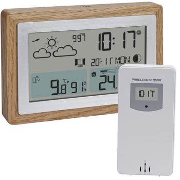 Preview: Station Météo Sans Fil Élégante Design Bois - Cadre Chêne Massif - Capteur Extérieur, Tendances Météo, Heure, Réveil, Date - Intérieur/Extérieur