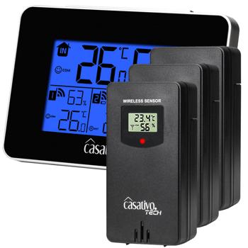 Preview: Station météo Wi-Fi - 3 capteurs sans fil, écran LCD, temp/humidité int/ext, prévisions, confort - Portée 60m, IP44