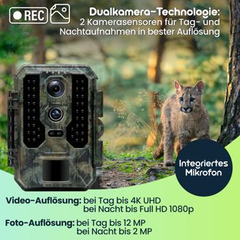 Preview: Profi 4K-Wildkamera mit IR-Nachtsicht-, Zeitraffer- & Timerfunktion, PIR Sensor, Dual Lens, Mikrofon, Multi-Shot, IP65