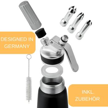 Preview: 500ml Sahnespender Set: edles schwarz, 3 Aufsätze & Bürste - Professionelle Schlagsahne, einfache Zubereitung für Desserts & Kaffee
