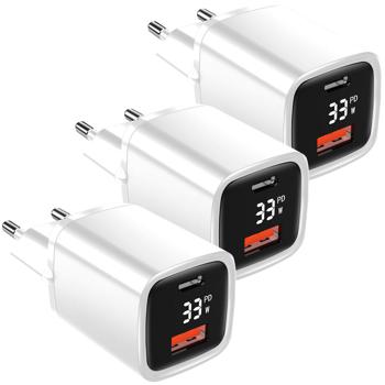 Preview: 3er-Set Leistungsstarkes USB Netzteil Dual Port, USB-C und USB-A, 33 Watt Schnellladegerät, weiss - schwarz, Power Delivery und Quick Charge