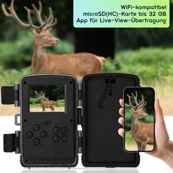 Preview: 4K-UHD-Wildkamera mit 2 PIR Bewegungsmeldern, Smartphone Live Übertragung, Nachtsicht mit 42 IR LEDs, Farbmonitor, WLAN, Stand-by 8 Monate, IP65