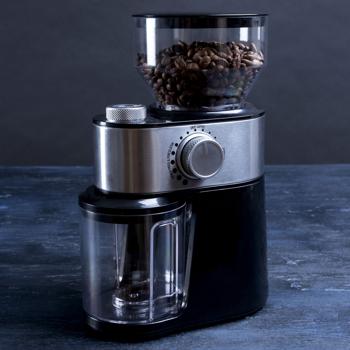 Preview: Edle elektrische Kaffeemühle, schwarz, 200g, 12 Mahlstufen, Stahl Mahlwerk, gebürsteter Edelstahl, Mahlen auf Profi Niveau