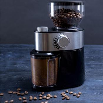 Preview: Edle elektrische Kaffeemühle, schwarz, 200g, 12 Mahlstufen, Stahl Mahlwerk, gebürsteter Edelstahl, Mahlen auf Profi Niveau