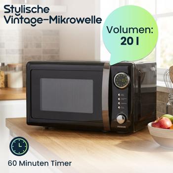 Preview: Stylische Vintage-Mikrowelle, 20 Liter, 700 Watt, 5 Stufen, schwarz. Robuster Retro-Mikrowellenofen, ideal für den modernen Küchen-Look