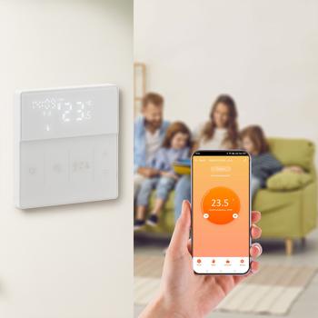 Preview: 4 thermostats Wi-Fi connectés pour chauffage au sol – application, touches tactiles, commande vocale – écran LCD blanc, réglages précis et confortables