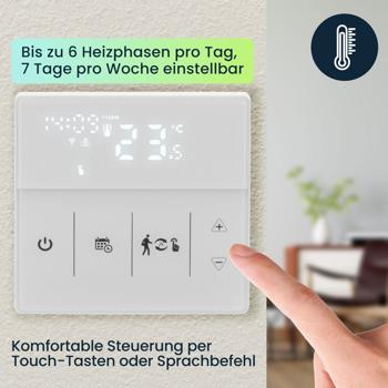 Preview: WLAN-Raumthermostat für Fussbodenheizung: App, Touch & Sprachsteuerung, weisses Design-LCD – Präzise, bequeme Heizungssteuerung Preview: WLAN-Raumthermostat für Fussbodenheizung: App, Touch & Sprachsteuerung, weisses Design-LCD – Präzise, bequeme Heizungssteuerung