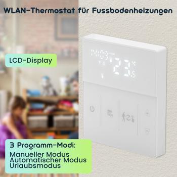 Preview: WLAN-Raumthermostat für Fussbodenheizung: App, Touch & Sprachsteuerung, weisses Design-LCD – Präzise, bequeme Heizungssteuerung Preview: WLAN-Raumthermostat für Fussbodenheizung: App, Touch & Sprachsteuerung, weisses Design-LCD – Präzise, bequeme Heizungssteuerung