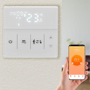 Thermostat Wi-Fi connecté pour chauffage au sol – application, touches tactiles, commande vocale – écran LCD blanc, réglages précis et confortables