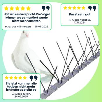 Preview: Effektives 10er-Set Spikes zur Taubenabwehr – 3-reihig mit rostfreien Edelstahl-Spitzen, 5 m Länge, wetterfest & langlebig, für Balkon, Dach & Fenster