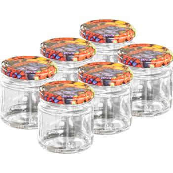 Preview: 6 Pots à Confiture 210ml - Couvercle à Visser Motif Fruits - Hermétique pour Confitures, Gelées, Desserts, Épices, Herbes, Sucre