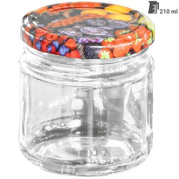 Preview: 12 Einmachgläser (210ml) mit Schraubdeckel - Sturzgläser mit Früchte-Muster - Ideal für Marmelade, Gelee, Desserts - Luftdicht & hübsch