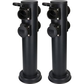 set di 2 prese da giardino rotonde in acciaio con 4 prese di tipo 13, IP55, nero