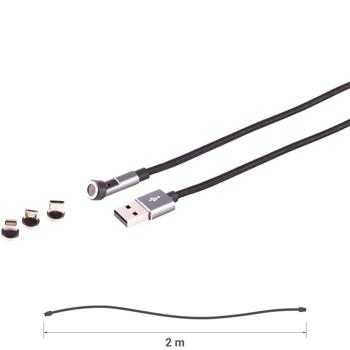 Preview: 3er-Set 3in1 Magnet Ladekabel - schnelles Laden & Datenübertragung für Smartphone Tablet Laptop - USB Micro-B-USB-C-Lightning - 2m schwarz - Textilgewebe