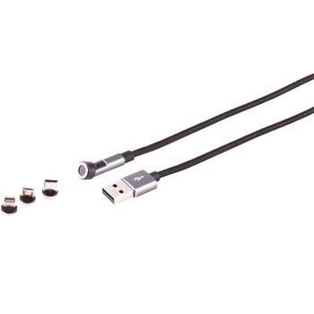 Preview: 3er-Set 3in1 Magnet Ladekabel - schnelles Laden & Datenübertragung für Smartphone Tablet Laptop - USB Micro-B-USB-C-Lightning - 2m schwarz - Textilgewebe