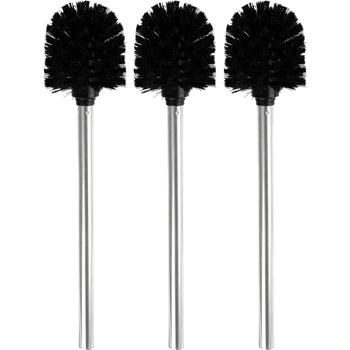 Preview: Lot de 3 Brosses WC Noir-Argent - Poils Plastique Durables & Efficaces - Polypropylène Ø 8 x H 35 cm - Nettoyage Facile des Toilettes