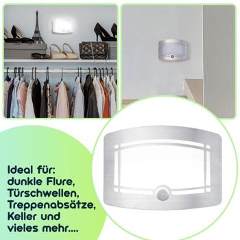 Preview: 2er-Set Helle Batterie-LED-Wandleuchte, Aluminium und Kunststoff, 2 Leuchtstufen 20-40 Lumen, PIR-Bewegungs- & Lichtsensor