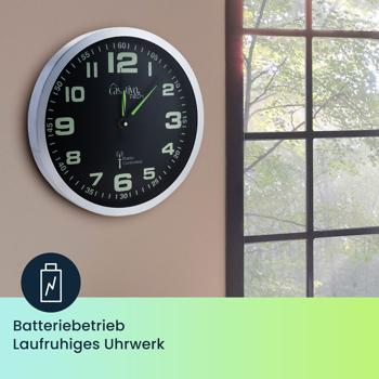 Preview: 2er-Set Leise Funk-Wanduhr, Aluminium, Ø 30 cm, nachleuchtende Anzeige, silber-schwarz. Präzises Quarz-Uhrwerk, elegante Wanddekoration