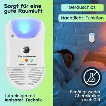 Preview: 2er-Set  3in1 Ultraschall Insektenvertreiber, Ionen Luftreiniger und PIR Sensor Nachtlicht, praktisch für die Steckdose, bis zu 30 qm, 3 Kontroll LEDs