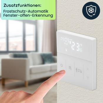 Preview: 4er WLAN-Thermostat-Set für Fussbodenheizung - App- & Sprachsteuerung (Alexa/Google/Siri) - Fenster-offen-Erkennung - 2 Sensoren - weiss Preview: 4er WLAN-Thermostat-Set für Fussbodenheizung - App- & Sprachsteuerung (Alexa/Google/Siri) - Fenster-offen-Erkennung - 2 Sensoren - weiss