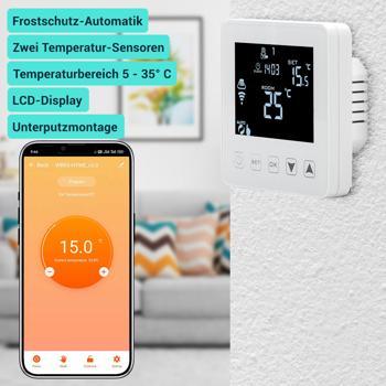 Preview: 2er-Set WLAN-Thermostat für Fussbodenheizung - App-Steuerung, Siri, Alexa, GA - Frostschutz, 2 Sensoren, LCD-Display, 5-35°C, 230V, Unterputz Preview: 2er-Set WLAN-Thermostat für Fussbodenheizung - App-Steuerung, Siri, Alexa, GA - Frostschutz, 2 Sensoren, LCD-Display, 5-35°C, 230V, Unterputz