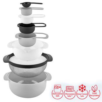 Preview: 8-in-1 Schüssel-Set mit Messbechern & Löffeln - Platzsparendes Design zum Stapeln - BPA-frei & zertifiziert - Spülmaschinen- & mikrowellenfest